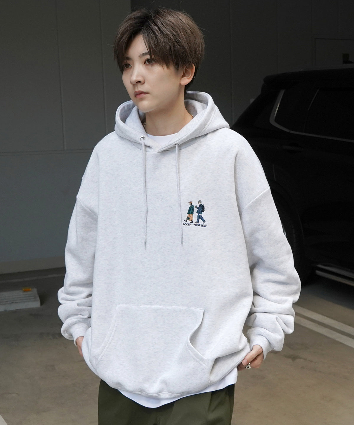 ウォーキング刺繡A ワンポイント刺繍ロゴ ビッグシルエット 裏起毛プルオーバーパーカー フーディー