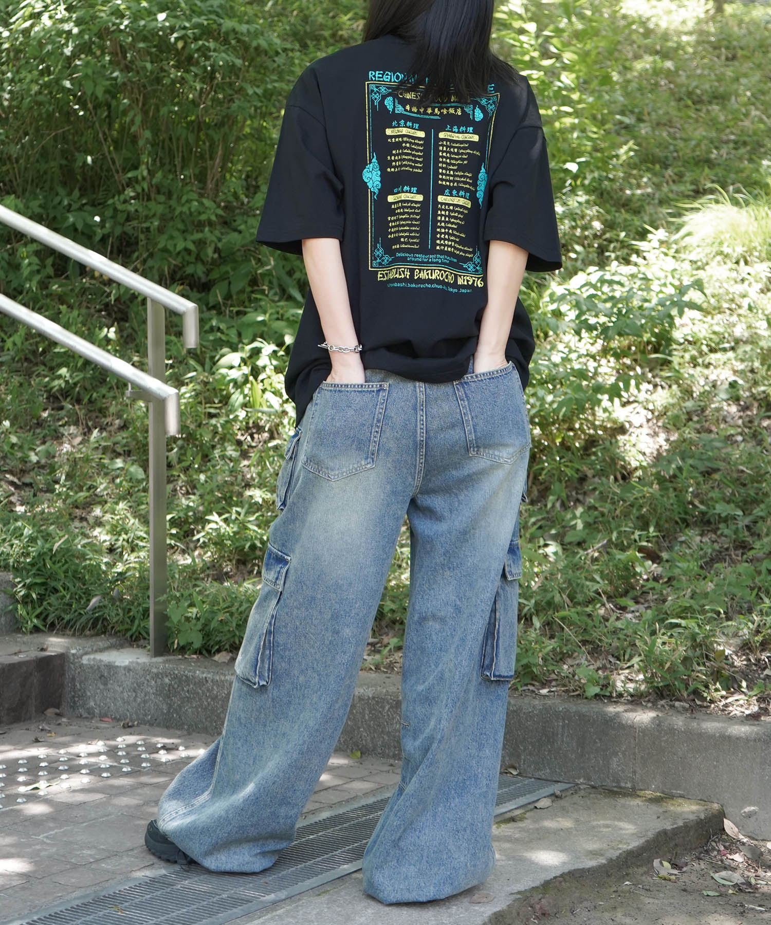25SS ビッグシルエット "馬喰飯店" 中華メニュー バックプリント半袖Tシャツ