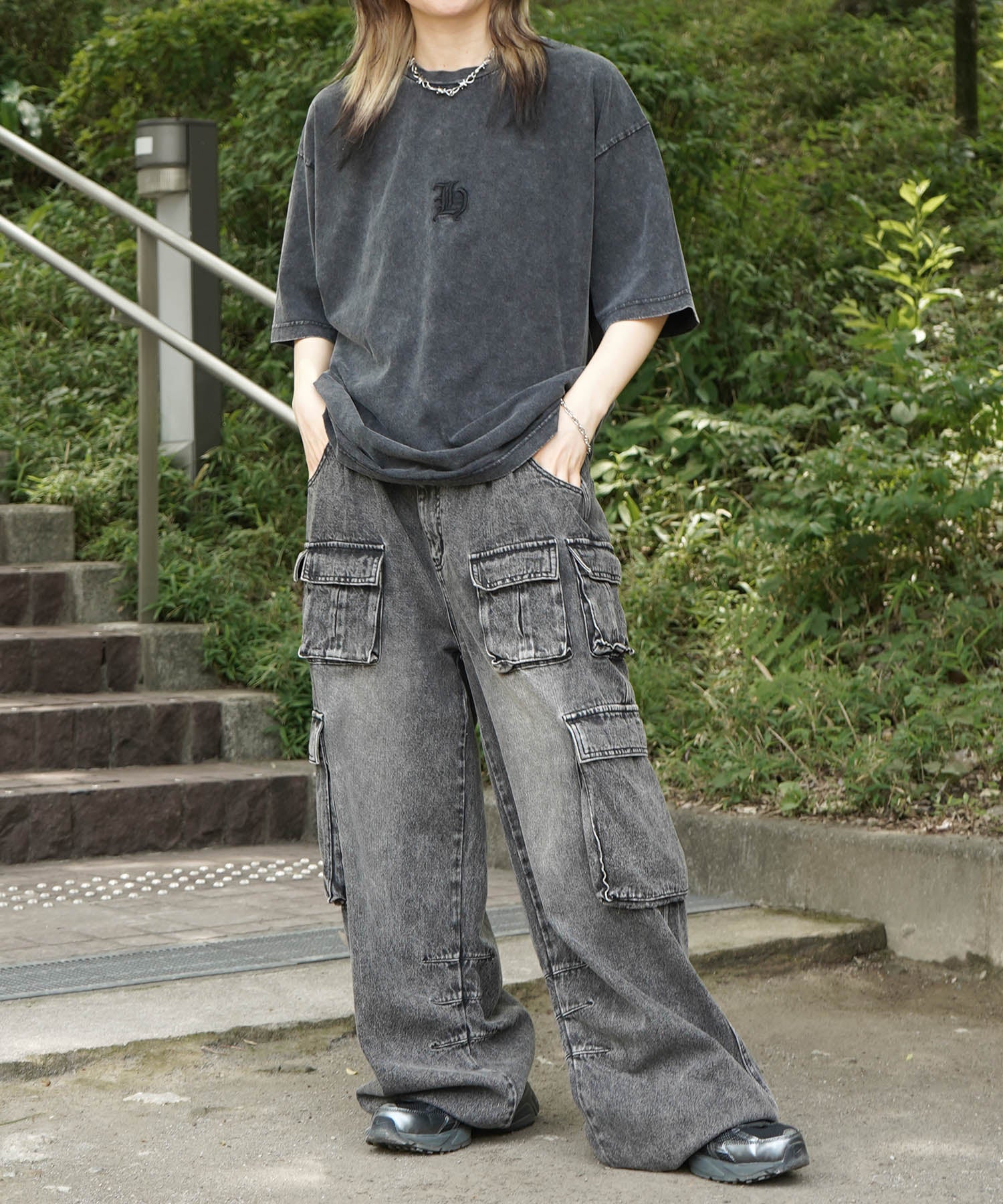 25SS ハードウォッシュ加工 ワンポイント刺繍 ボックスシルエット 半袖Tシャツ