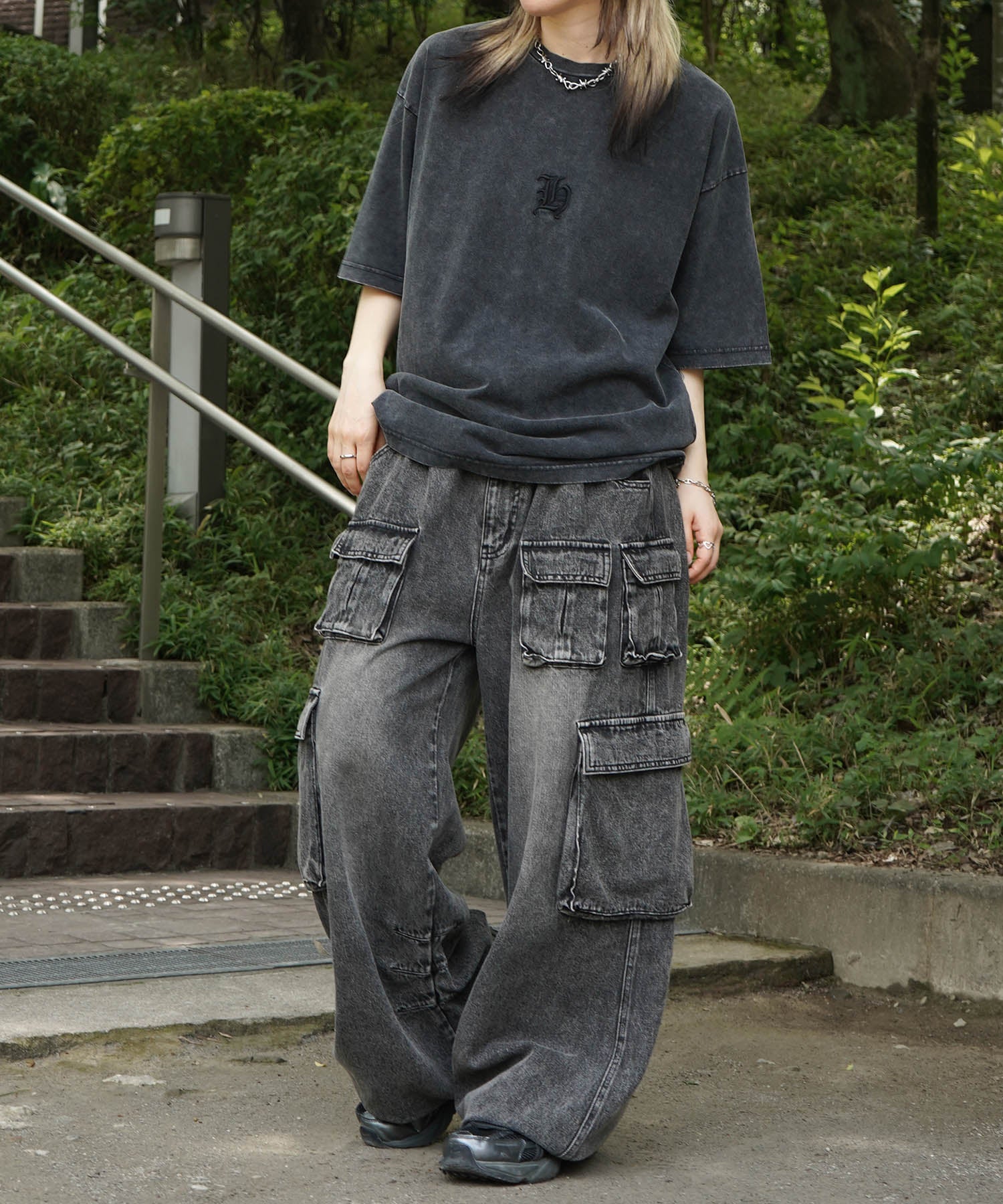 25SS ハードウォッシュ加工 ワンポイント刺繍 ボックスシルエット 半袖Tシャツ