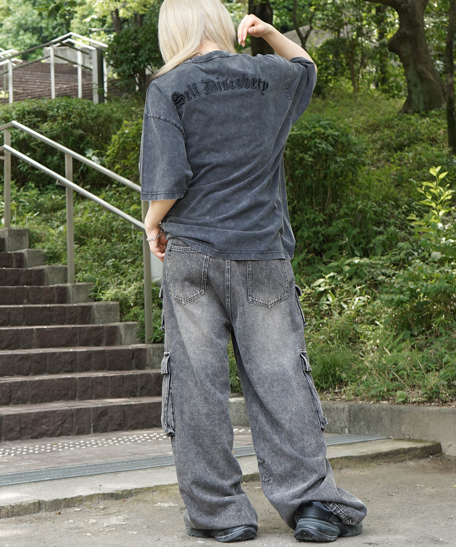 25SS ハードウォッシュ加工 ワンポイント刺繍 ボックスシルエット 半袖Tシャツ