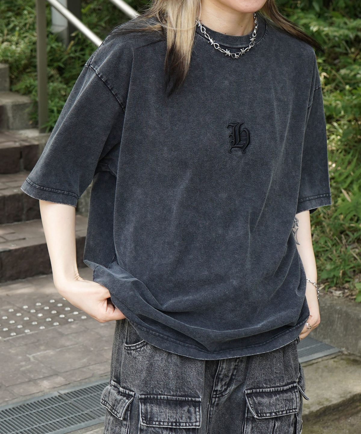 25SS ハードウォッシュ加工 ワンポイント刺繍  ボックスシルエット 半袖Tシャツ