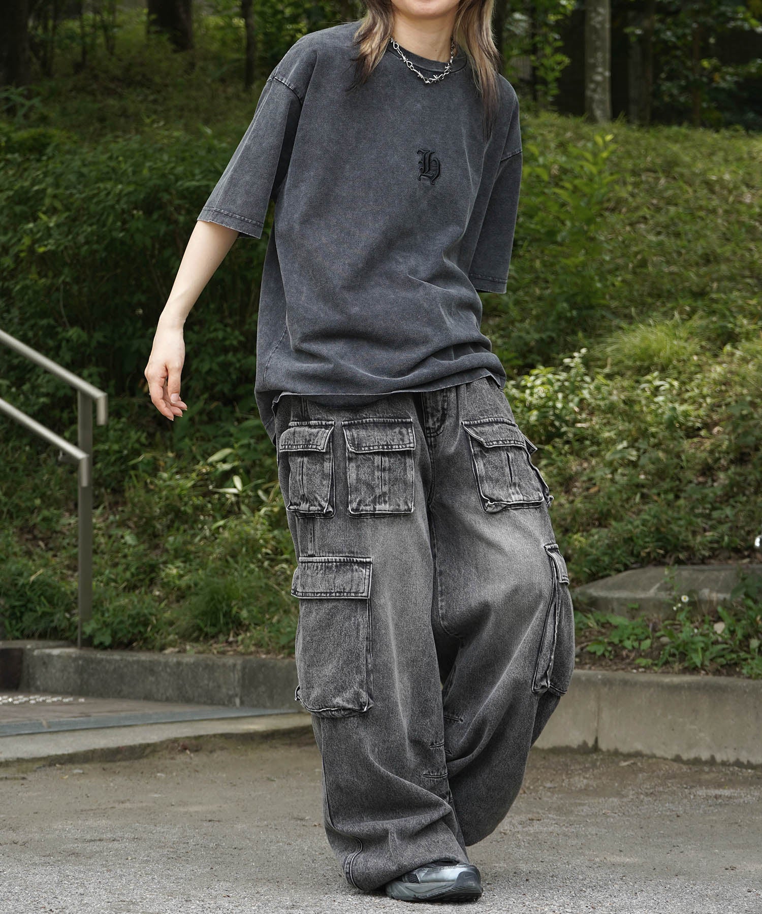 25SS ハードウォッシュ加工 ワンポイント刺繍 ボックスシルエット 半袖Tシャツ
