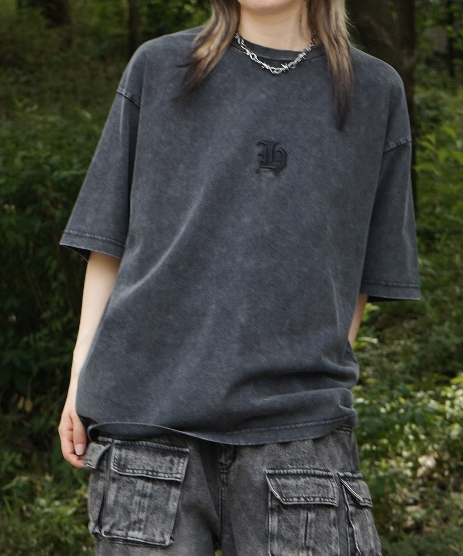 25SS ハードウォッシュ加工 ワンポイント刺繍 ボックスシルエット 半袖Tシャツ