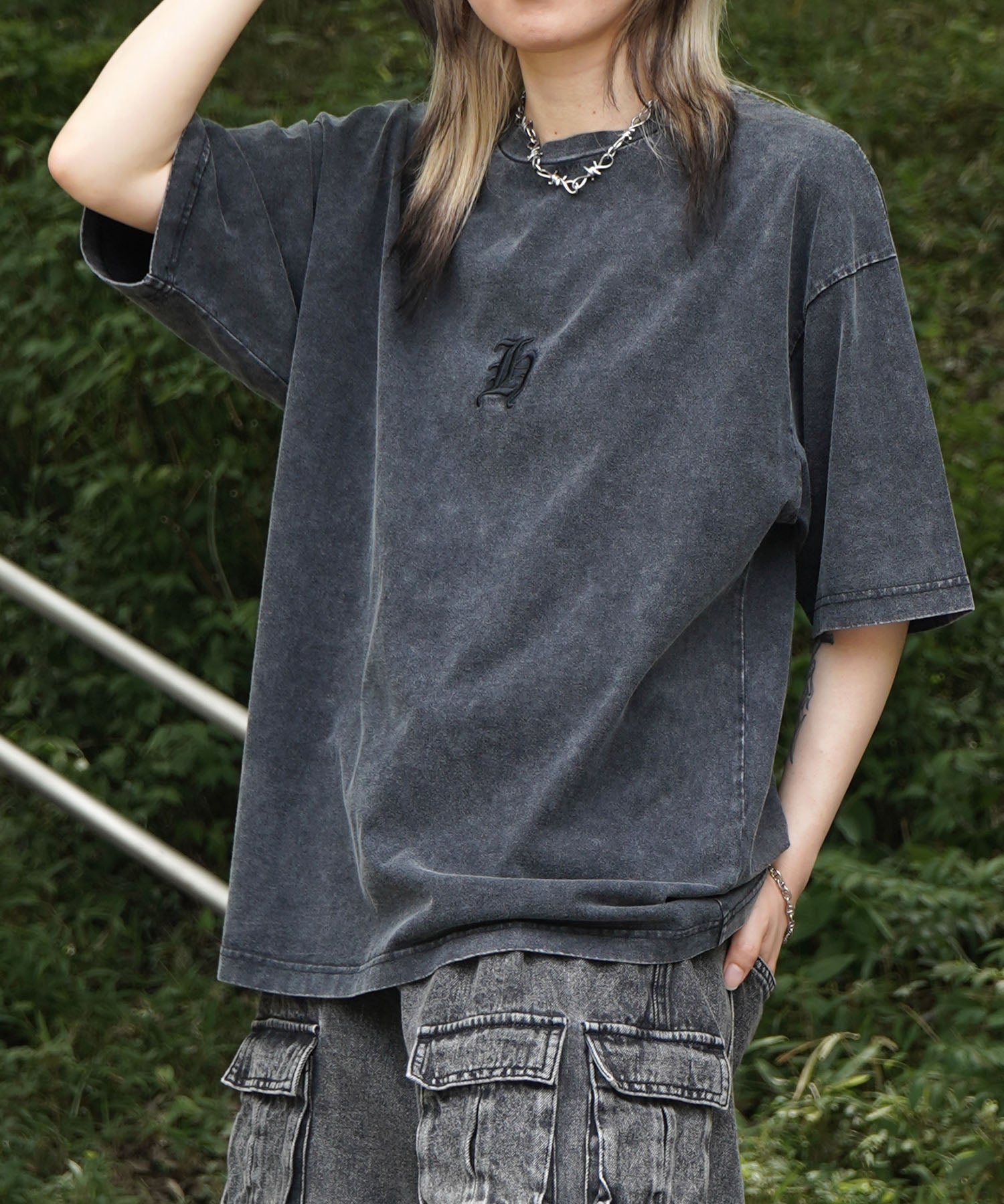 25SS ハードウォッシュ加工 ワンポイント刺繍 ボックスシルエット 半袖Tシャツ