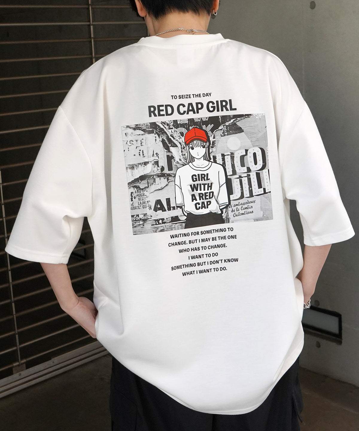 【RED CAP GIRL】 バックイラスト / バック転写 ワンポイント刺繍 ドレープとろみ ポンチ ビッグシルエットプリントTシャツ 25SS