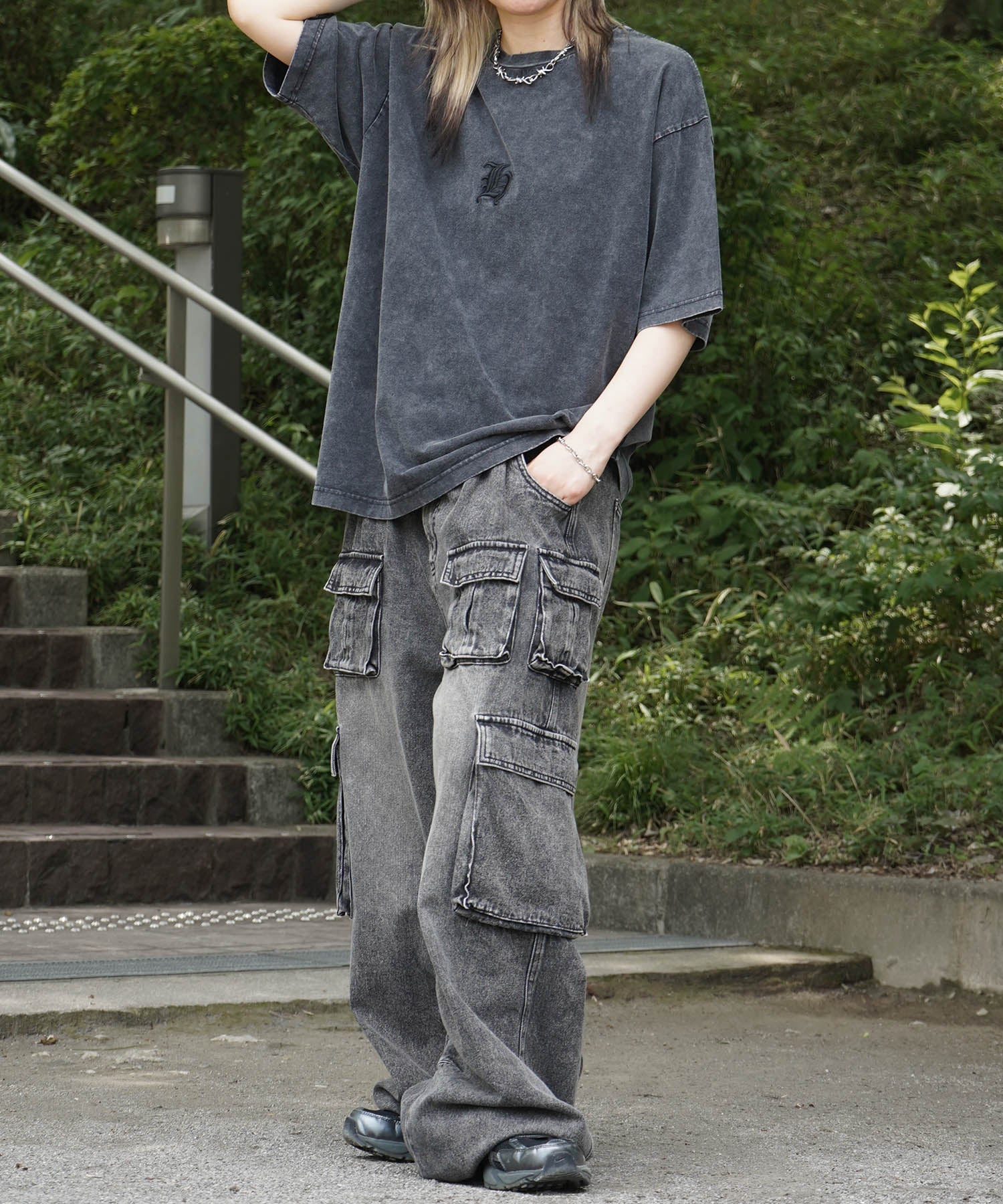 25SS ハードウォッシュ加工 ワンポイント刺繍 ボックスシルエット 半袖Tシャツ
