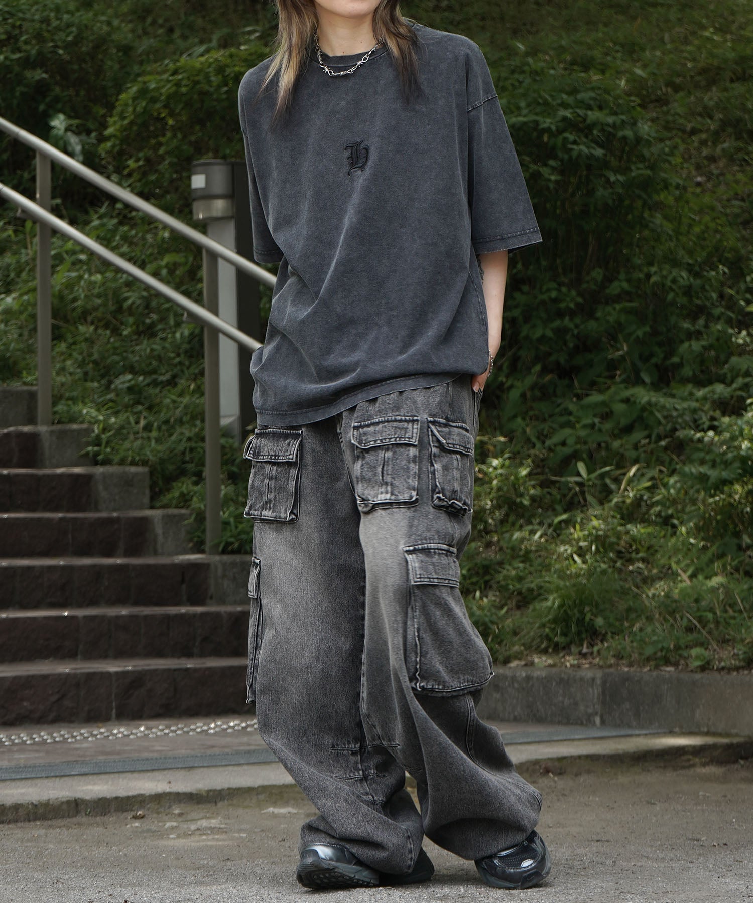 25SS ハードウォッシュ加工 ワンポイント刺繍 ボックスシルエット 半袖Tシャツ
