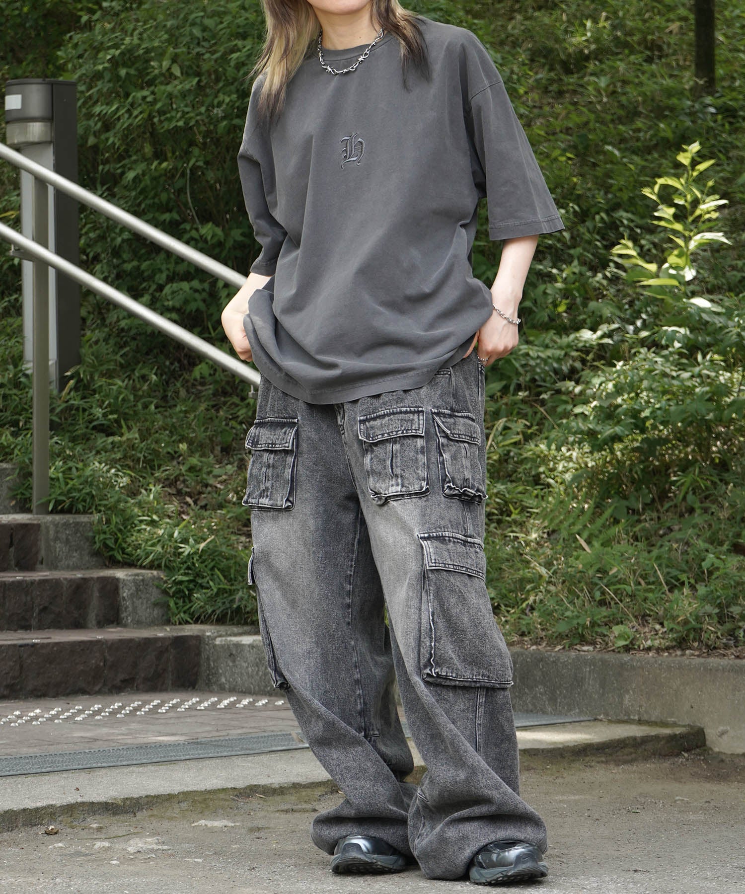 25SS ハードウォッシュ加工 ワンポイント刺繍 ボックスシルエット 半袖Tシャツ