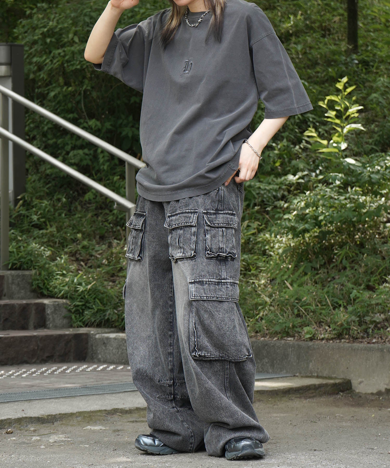 25SS ハードウォッシュ加工 ワンポイント刺繍 ボックスシルエット 半袖Tシャツ
