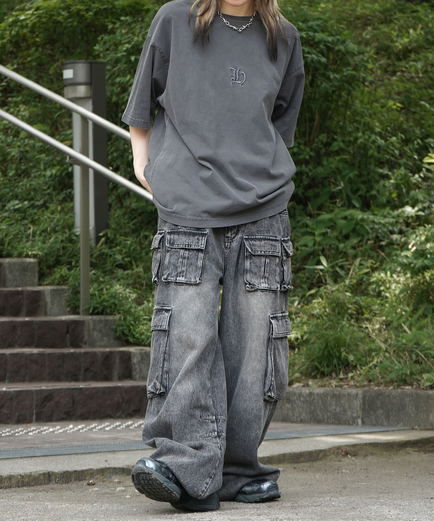 25SS ハードウォッシュ加工 ワンポイント刺繍 ボックスシルエット 半袖Tシャツ