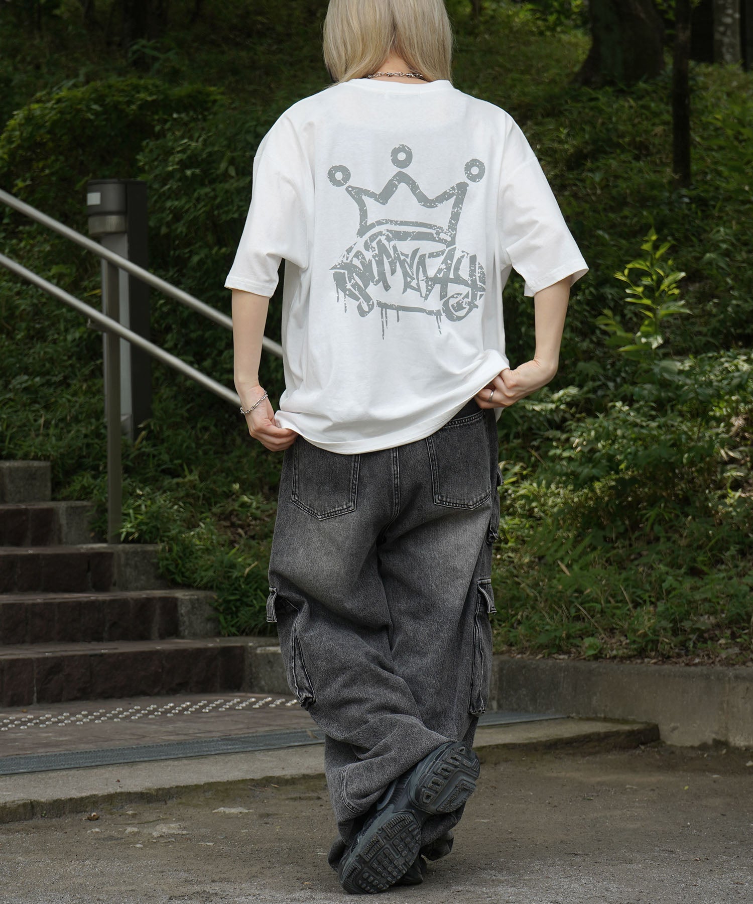 25SS クラウン ボックスシルエット グランジ風 レトロモチーフ バックプリント 半袖Tシャツ