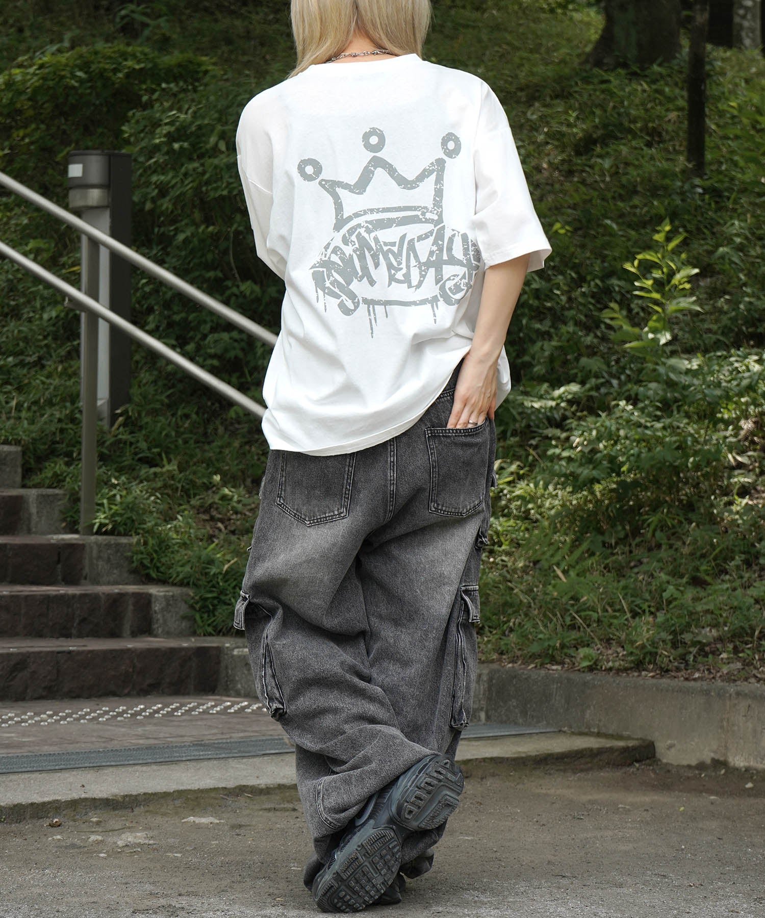25SS クラウン ボックスシルエット グランジ風 レトロモチーフ バックプリント 半袖Tシャツ
