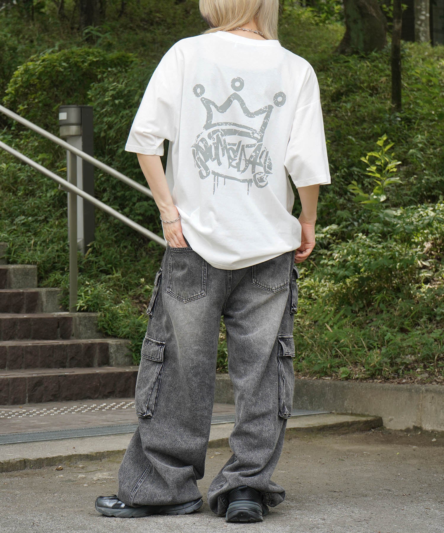 25SS クラウン ボックスシルエット グランジ風 レトロモチーフ バックプリント 半袖Tシャツ