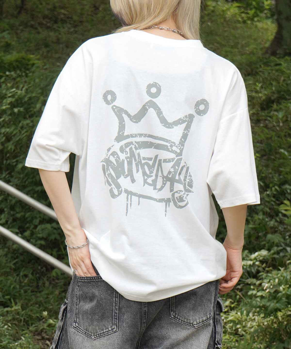 25SS クラウン ボックスシルエット グランジ風 レトロモチーフ バックプリント 半袖Tシャツ