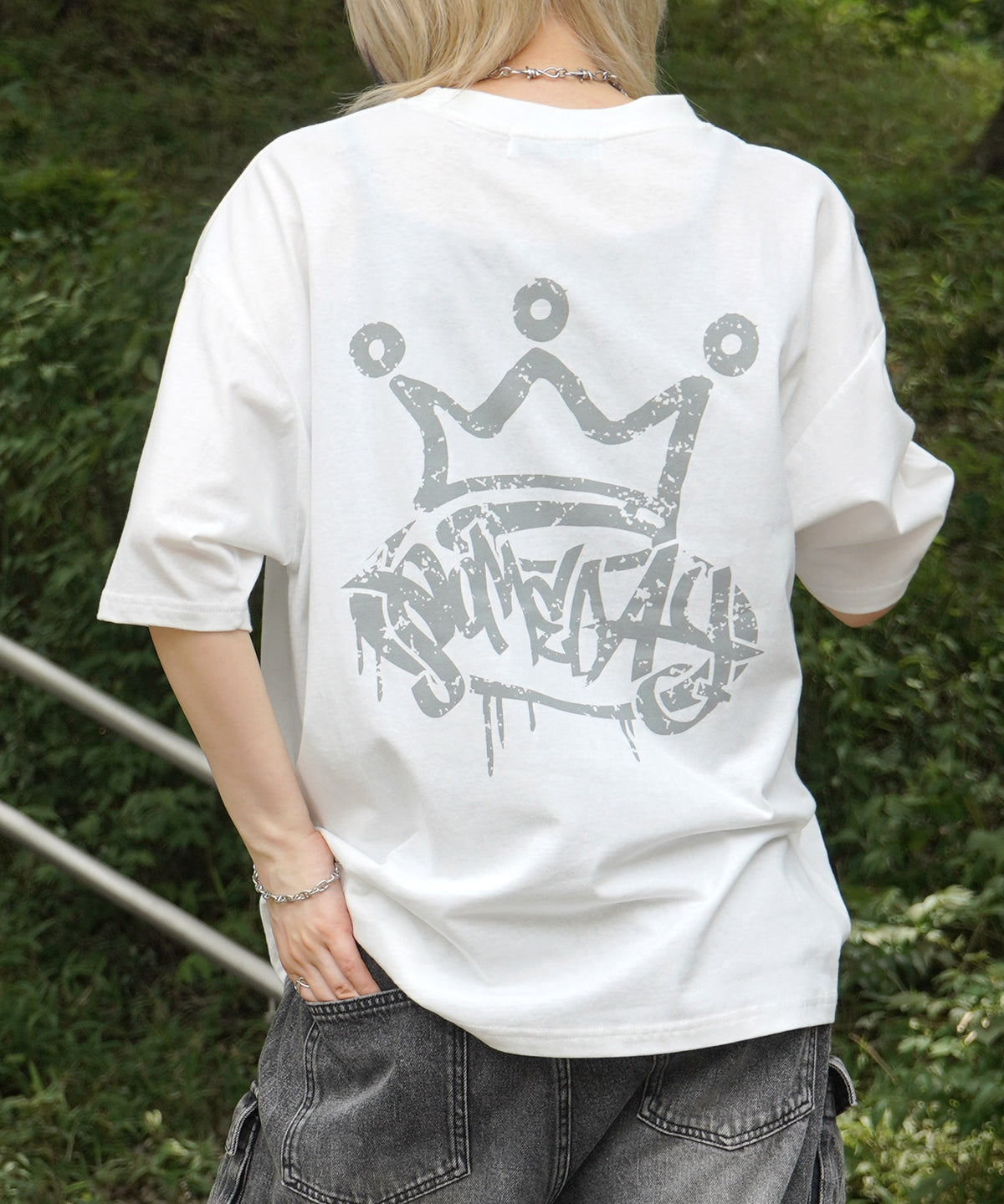 25SS クラウン ボックスシルエット グランジ風 レトロモチーフ バックプリント 半袖Tシャツ