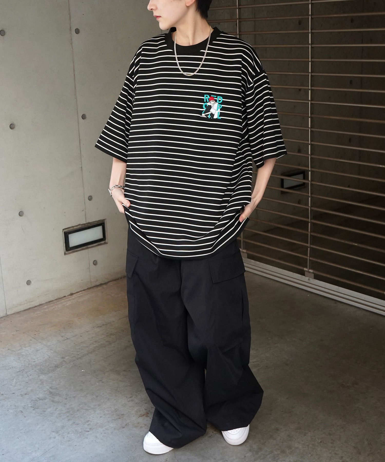 【RED CAP GIRL】24SS ビッグシルエット ワンポイント刺繍 ボーダー ドレープとろみ リンガーTシャツ