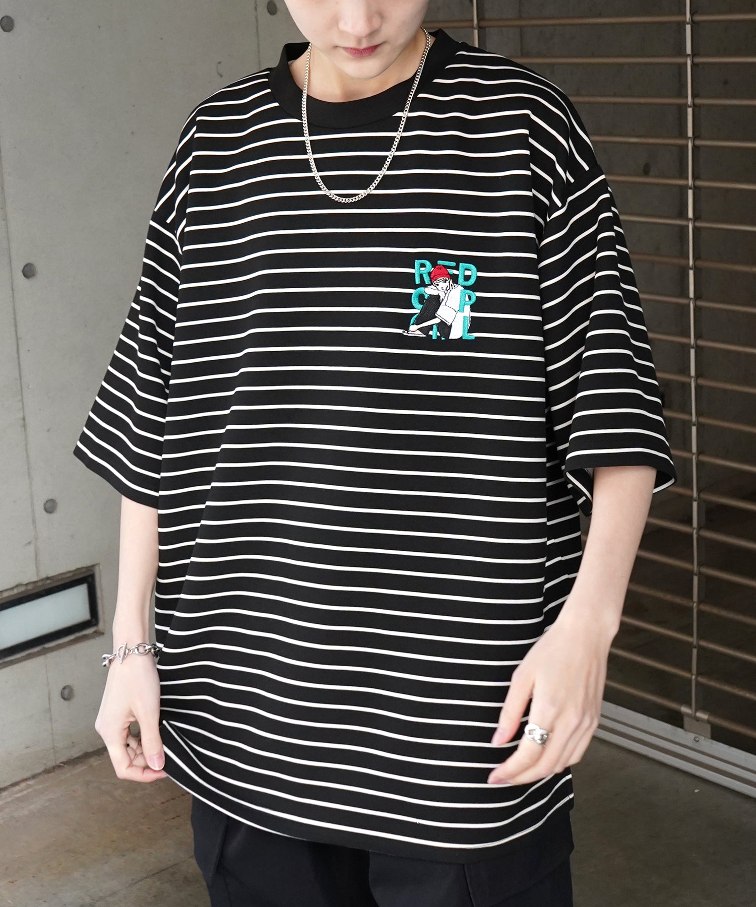 【RED CAP GIRL】24SS ビッグシルエット ワンポイント刺繍 ボーダー ドレープとろみ リンガーTシャツ