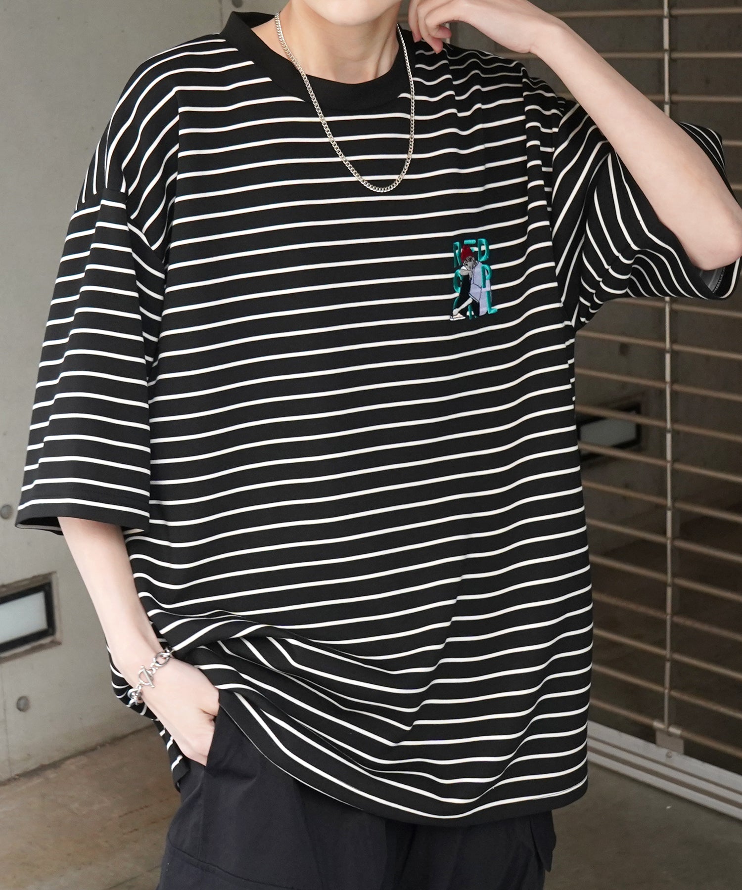 【RED CAP GIRL】24SS ビッグシルエット ワンポイント刺繍 ボーダー ドレープとろみ リンガーTシャツ