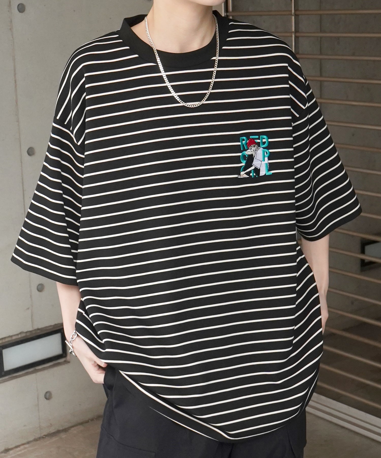 【RED CAP GIRL】24SS ビッグシルエット ワンポイント刺繍 ボーダー ドレープとろみ リンガーTシャツ