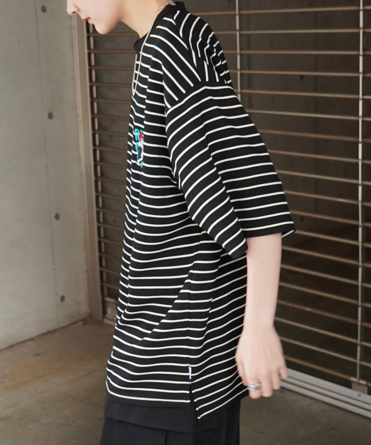 【RED CAP GIRL】24SS ビッグシルエット ワンポイント刺繍 ボーダー ドレープとろみ リンガーTシャツ