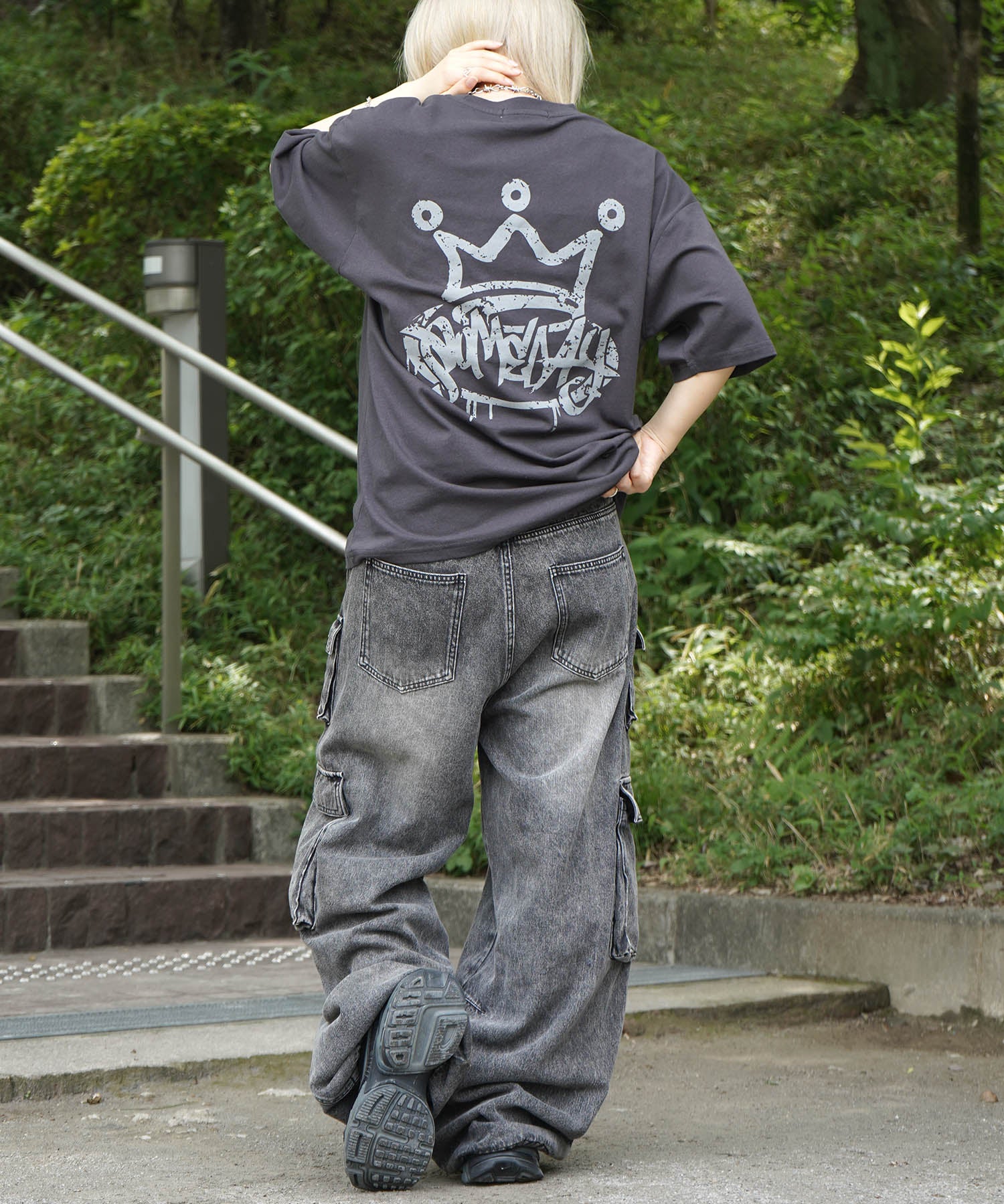 25SS クラウン ボックスシルエット グランジ風 レトロモチーフ バックプリント 半袖Tシャツ