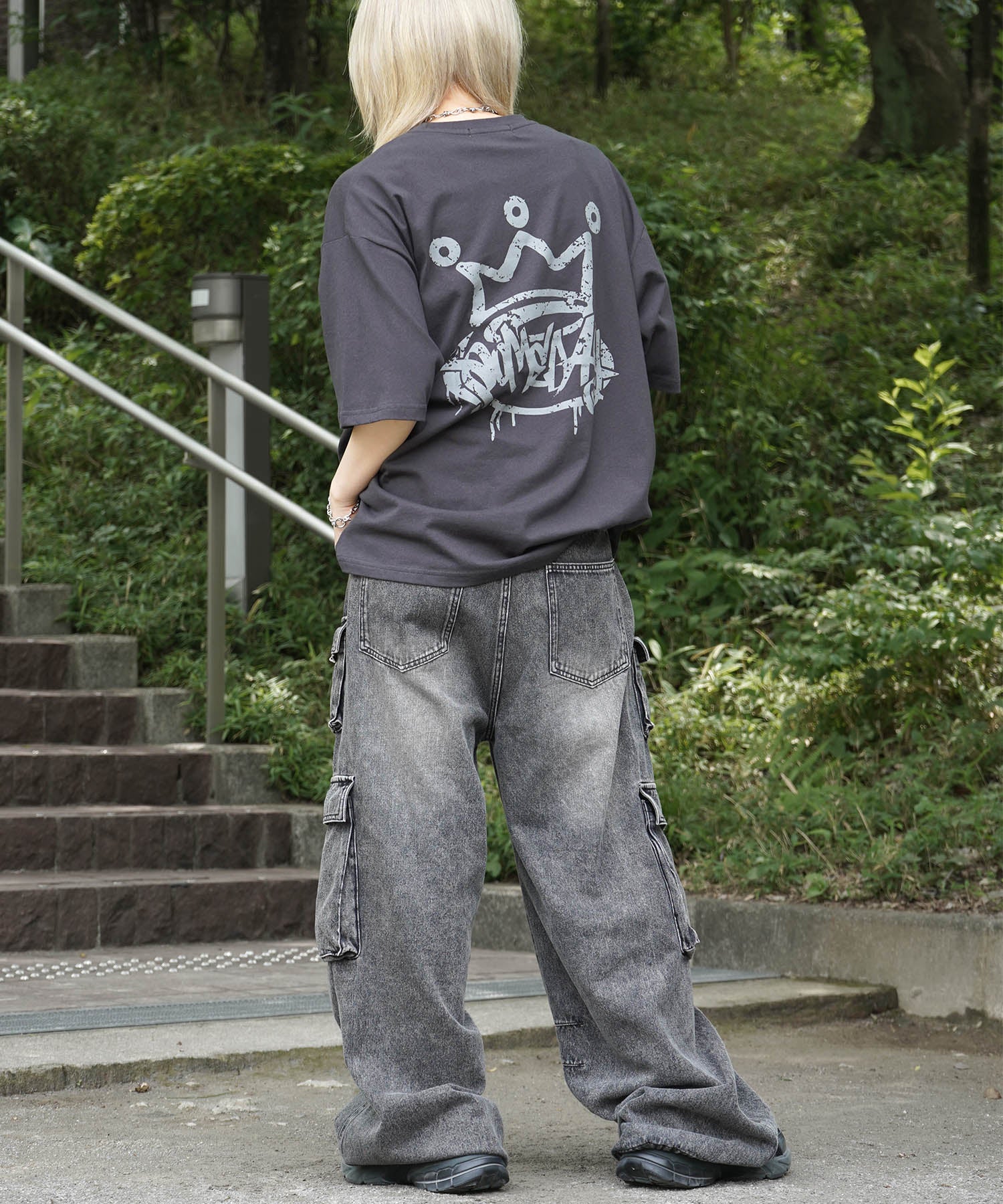 25SS クラウン ボックスシルエット グランジ風 レトロモチーフ バックプリント 半袖Tシャツ