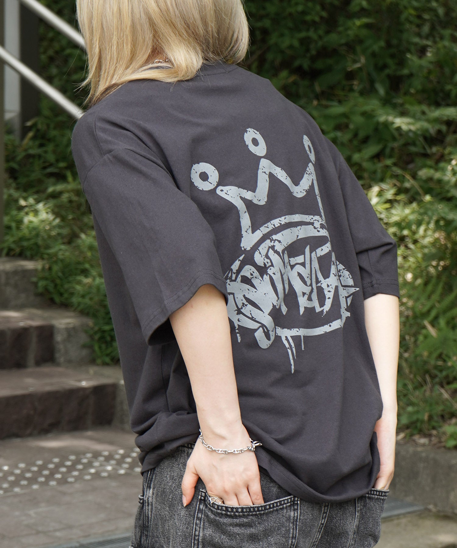 25SS クラウン ボックスシルエット グランジ風 レトロモチーフ バックプリント 半袖Tシャツ