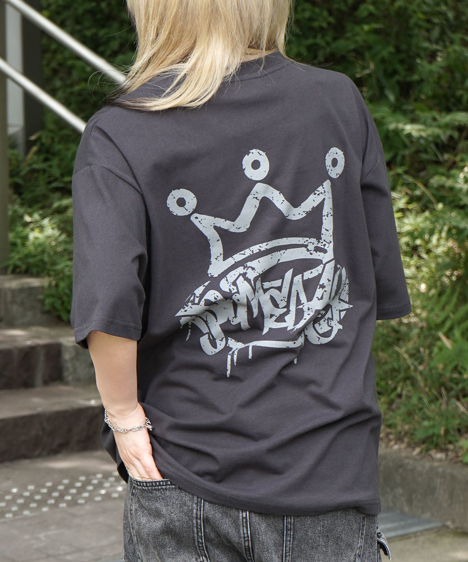 25SS クラウン ボックスシルエット グランジ風 レトロモチーフ バックプリント 半袖Tシャツ