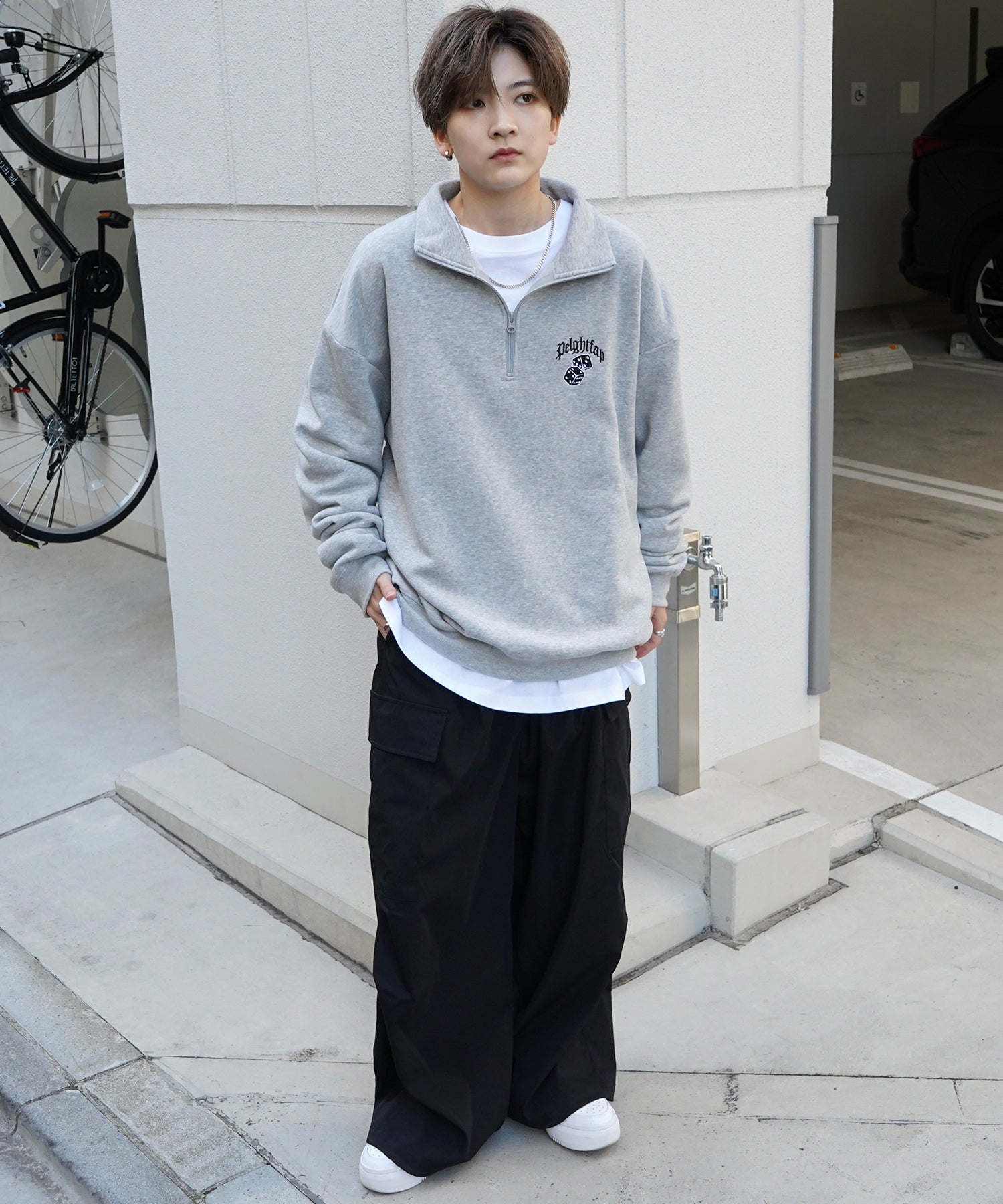 ビリヤード/ダイス ワンポイント刺繍ロゴ ビッグシルエット 裏起毛プルオーバーハーフジップスウェット