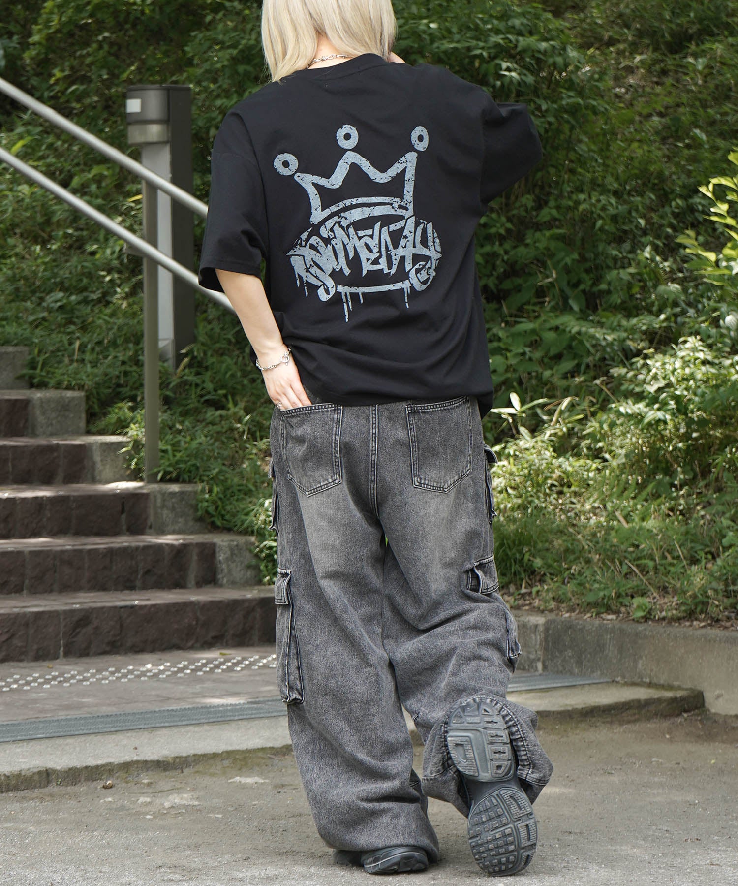 25SS クラウン ボックスシルエット グランジ風 レトロモチーフ バックプリント 半袖Tシャツ