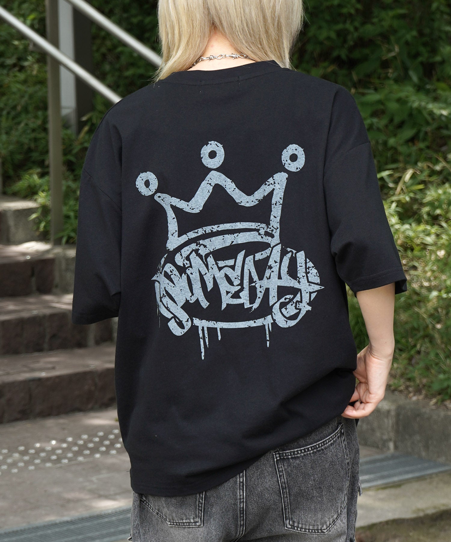 25SS クラウン ボックスシルエット グランジ風 レトロモチーフ バックプリント 半袖Tシャツ