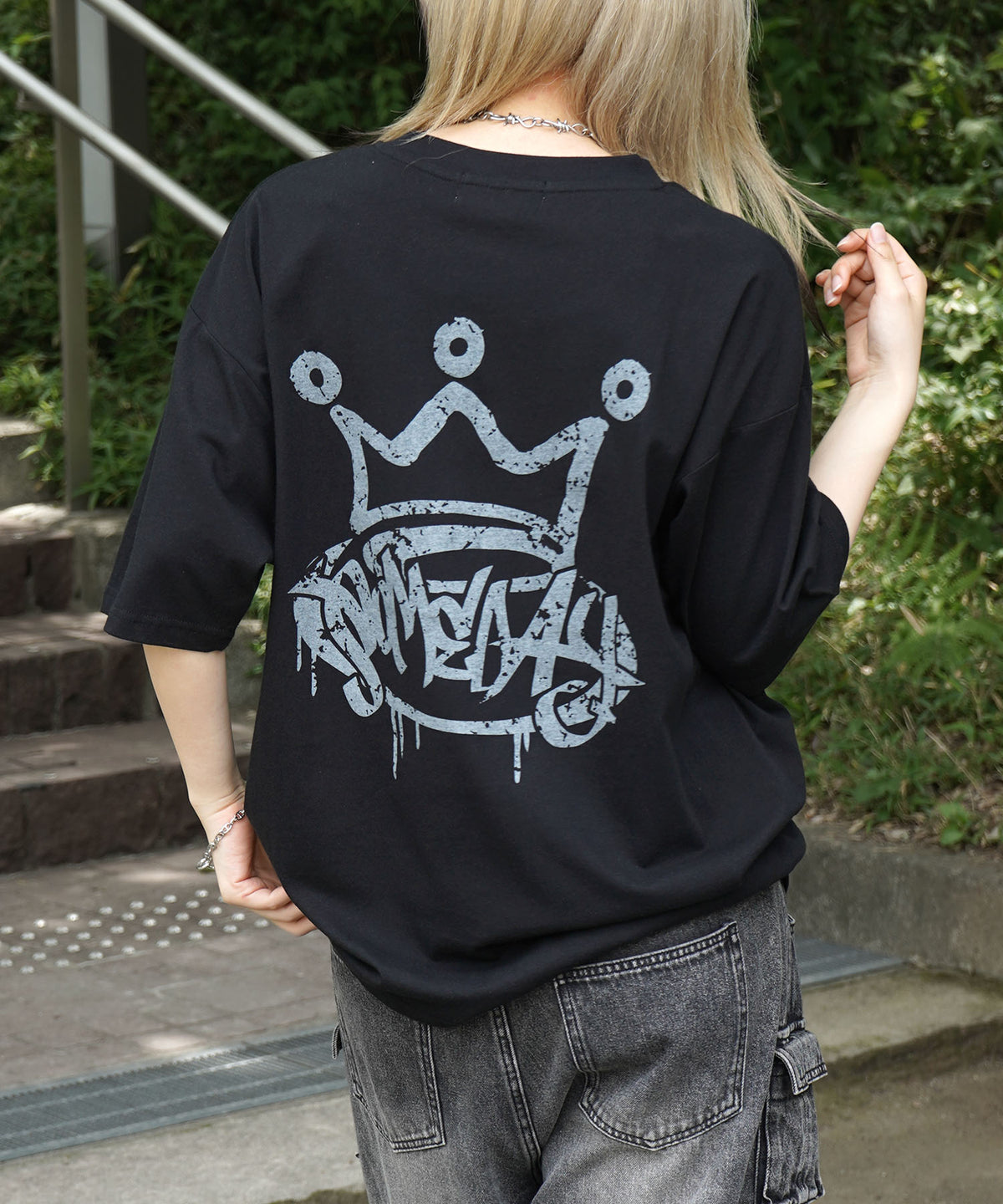 25SS クラウン ボックスシルエット グランジ風 レトロモチーフ バックプリント 半袖Tシャツ