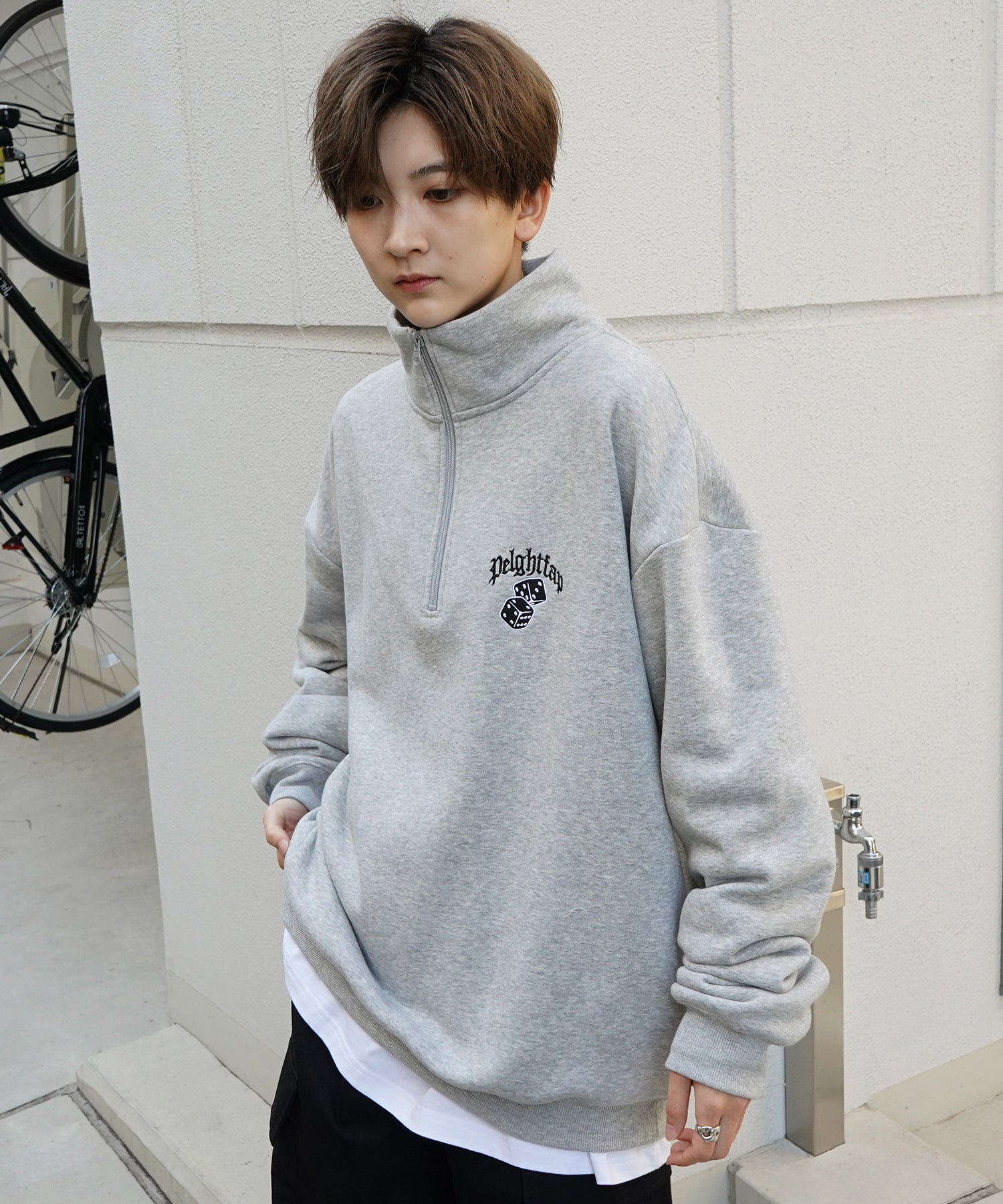 ビリヤード/ダイス ワンポイント刺繍ロゴ ビッグシルエット 裏起毛プルオーバーハーフジップスウェット