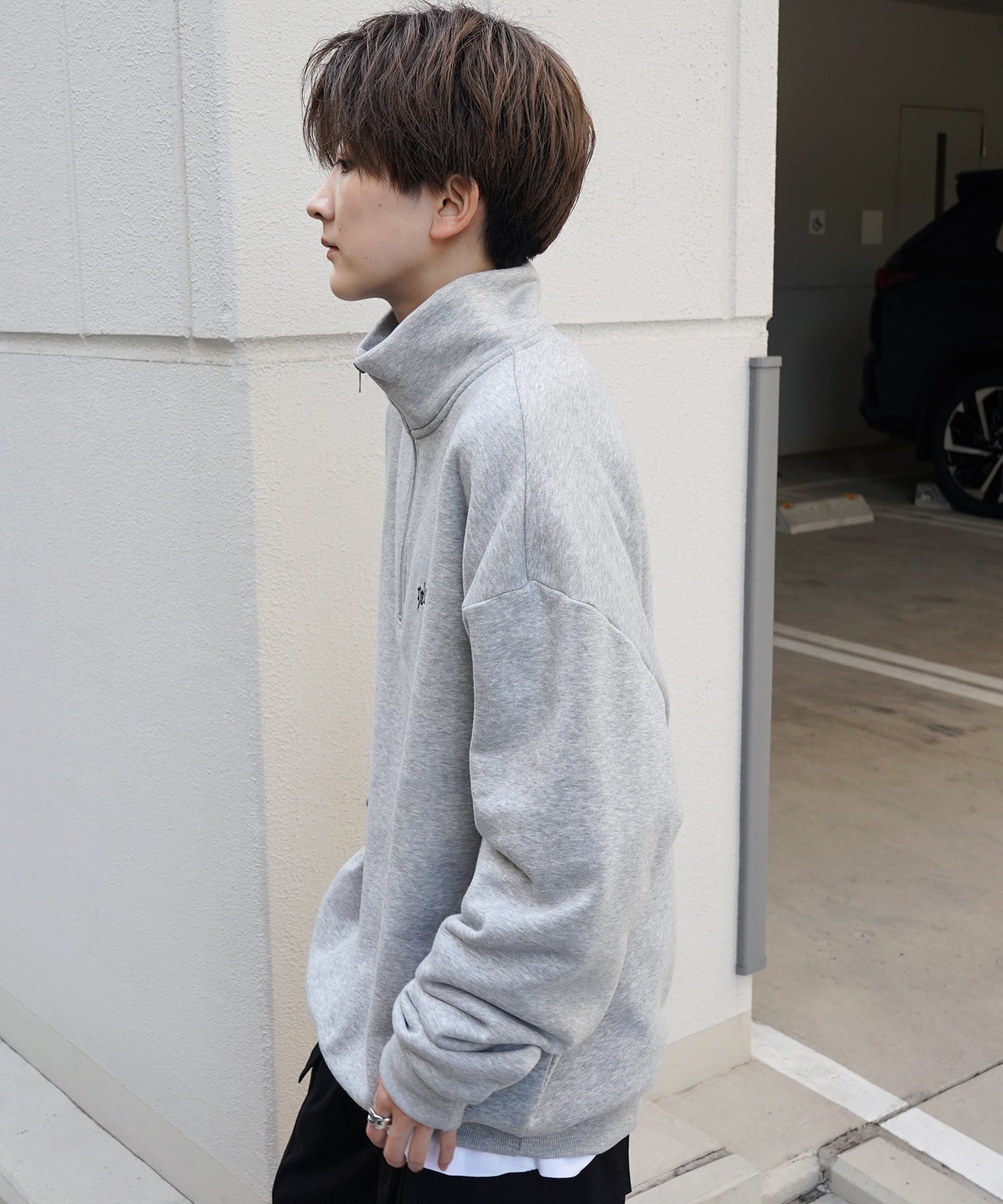 ビリヤード/ダイス ワンポイント刺繍ロゴ ビッグシルエット 裏起毛プルオーバーハーフジップスウェット