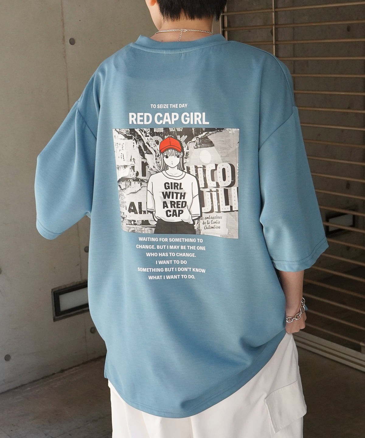 【RED CAP GIRL】 バックイラスト / バック転写 ワンポイント刺繍 ドレープとろみ ポンチ ビッグシルエットプリントTシャツ
