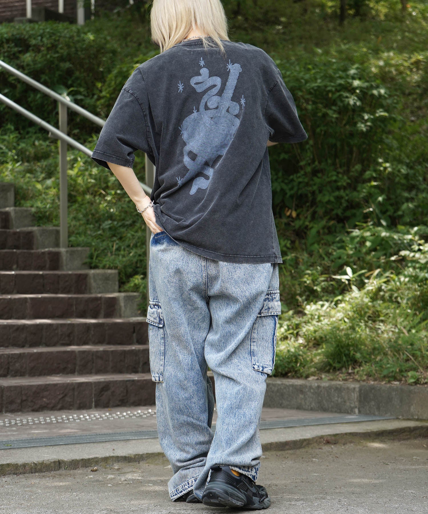 25SS ハードウォッシュ加工 バックプリント ボックスシルエット 半袖Tシャツ