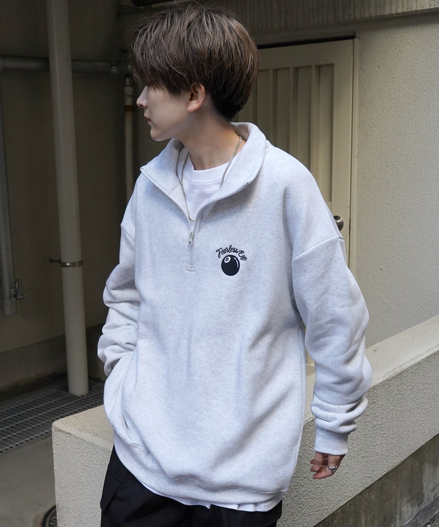 ビリヤード/ダイス ワンポイント刺繍ロゴ ビッグシルエット 裏起毛プルオーバーハーフジップスウェット