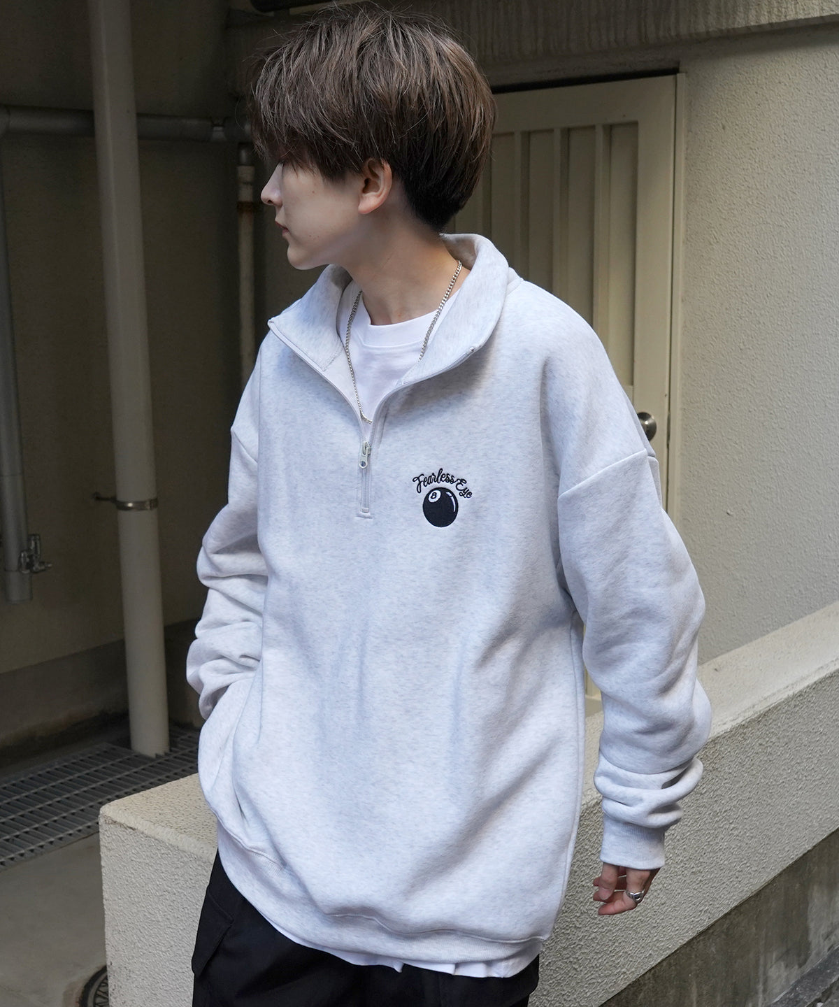 ビリヤード/ダイス ワンポイント刺繍ロゴ ビッグシルエット 裏起毛プルオーバーハーフジップスウェット