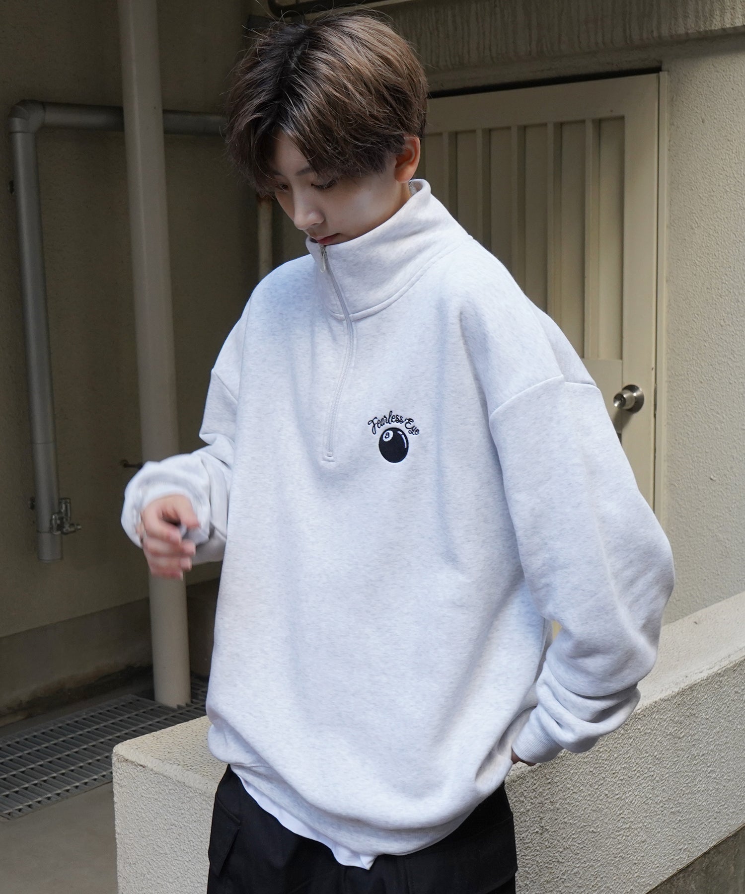 ビリヤード/ダイス ワンポイント刺繍ロゴ ビッグシルエット 裏起毛プルオーバーハーフジップスウェット