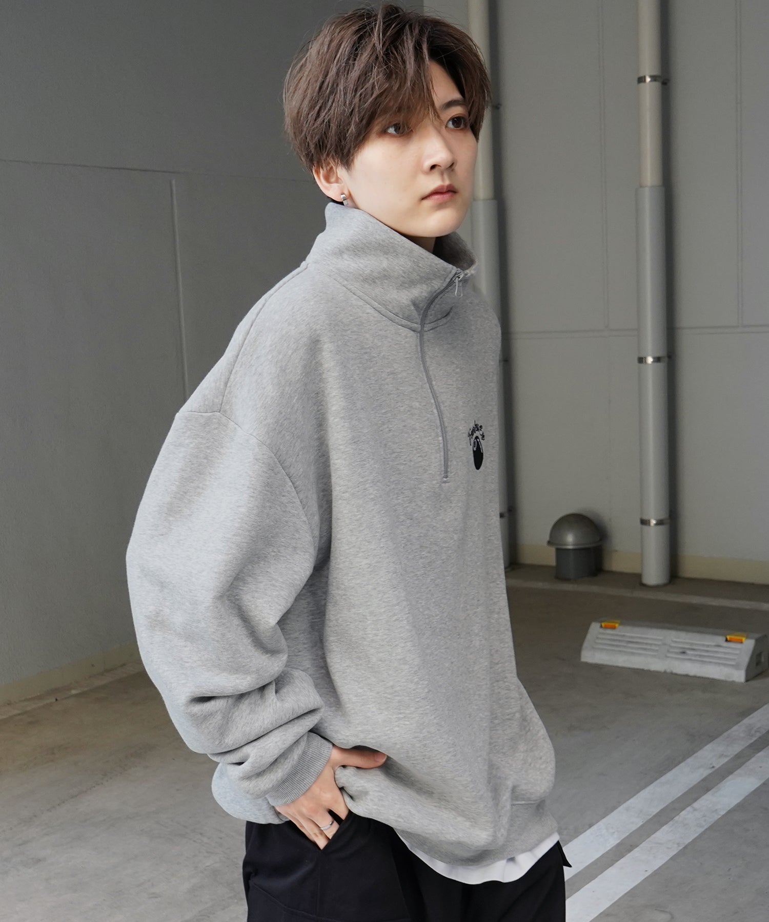 ビリヤード/ダイス ワンポイント刺繍ロゴ ビッグシルエット 裏起毛プルオーバーハーフジップスウェット