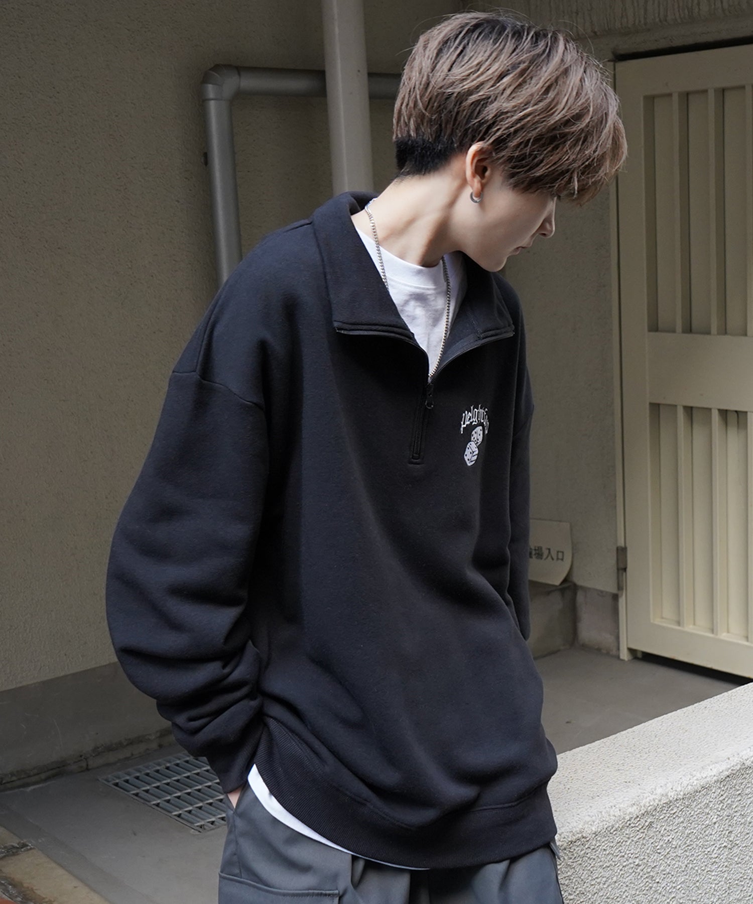 ビリヤード/ダイス ワンポイント刺繍ロゴ ビッグシルエット 裏起毛プルオーバーハーフジップスウェット