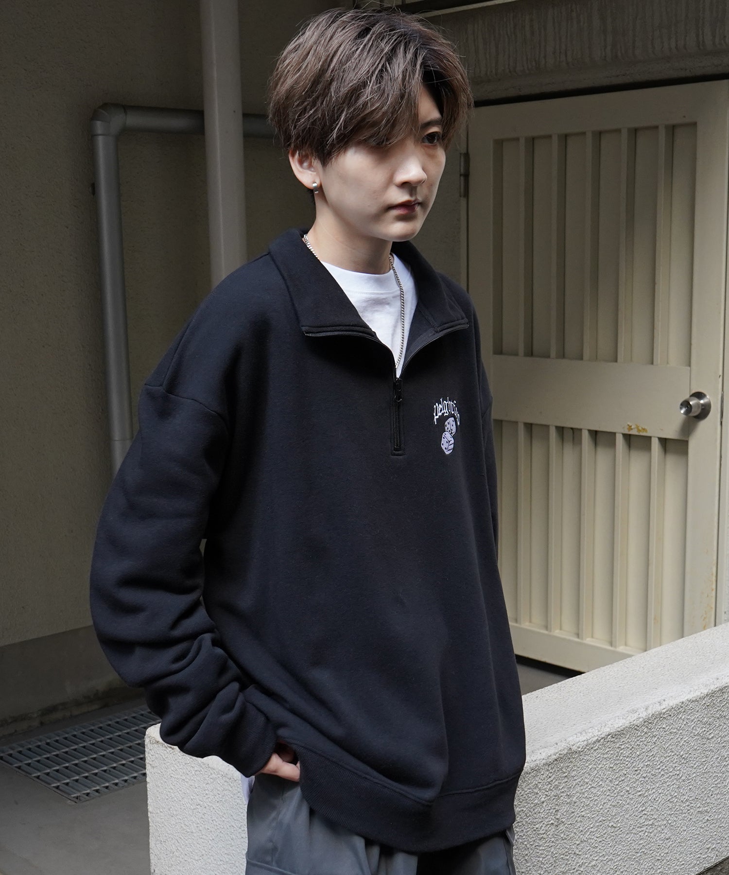 ビリヤード/ダイス ワンポイント刺繍ロゴ ビッグシルエット 裏起毛プルオーバーハーフジップスウェット