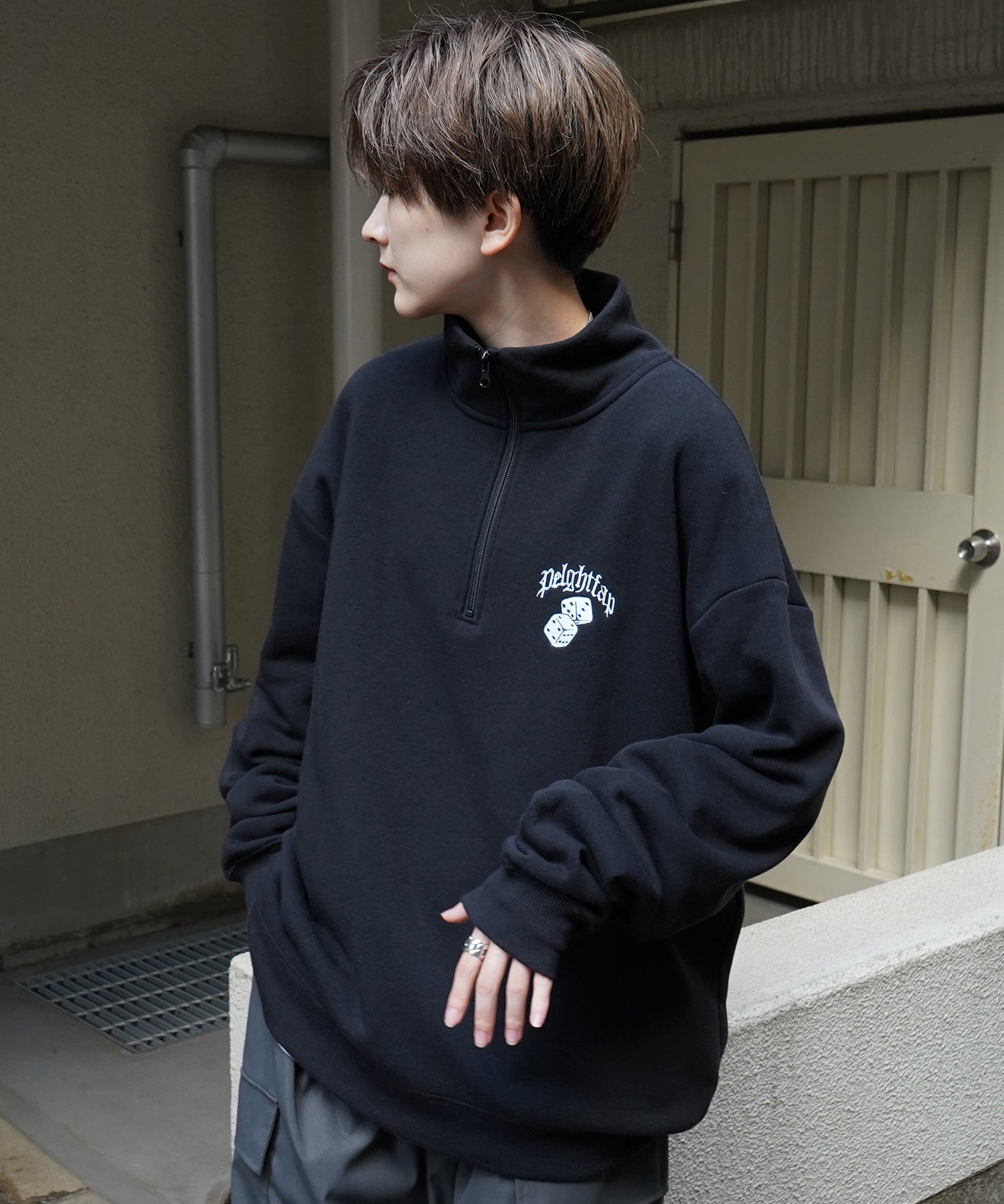 ビリヤード/ダイス ワンポイント刺繍ロゴ ビッグシルエット 裏起毛プルオーバーハーフジップスウェット