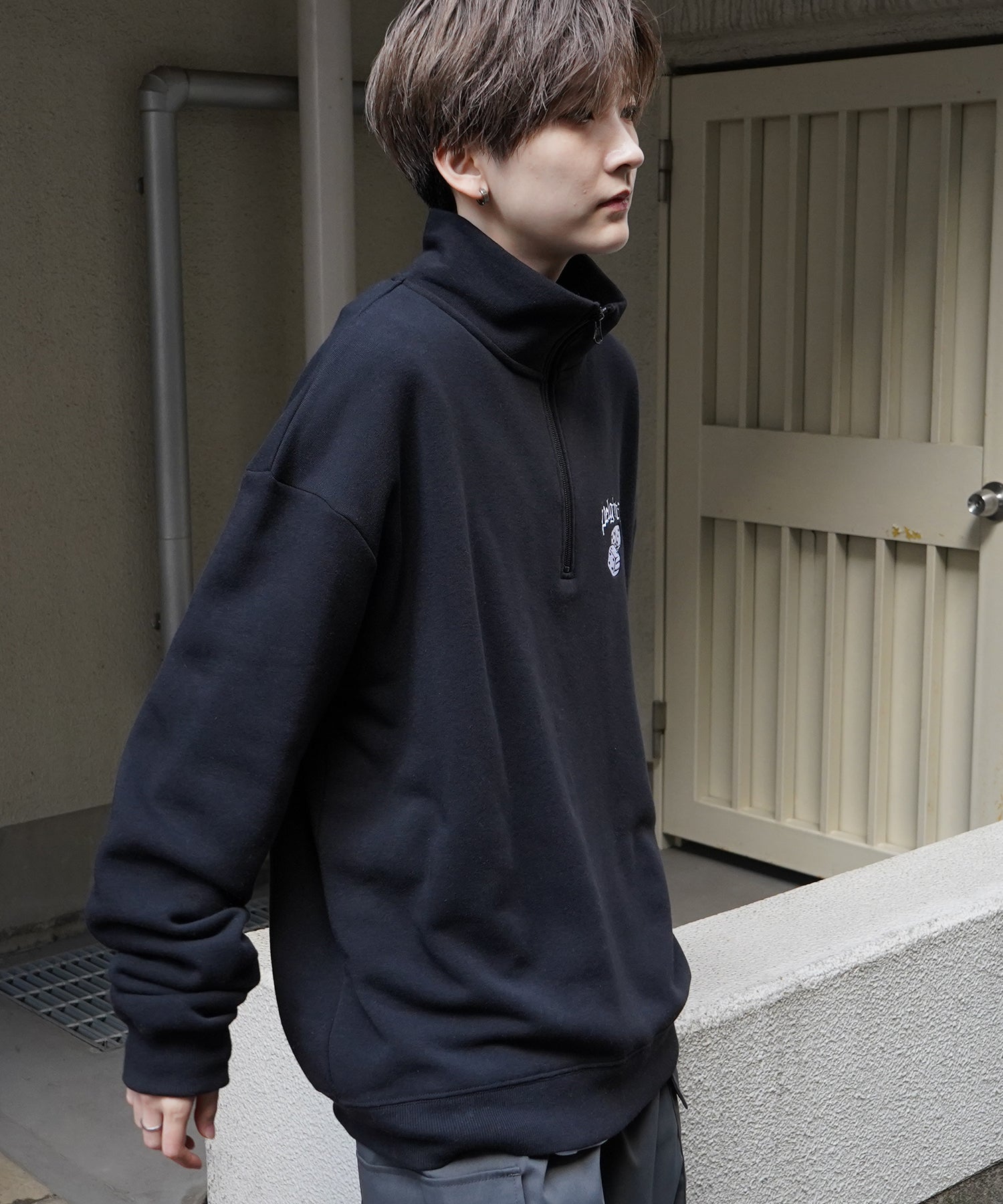 ビリヤード/ダイス ワンポイント刺繍ロゴ ビッグシルエット 裏起毛プルオーバーハーフジップスウェット