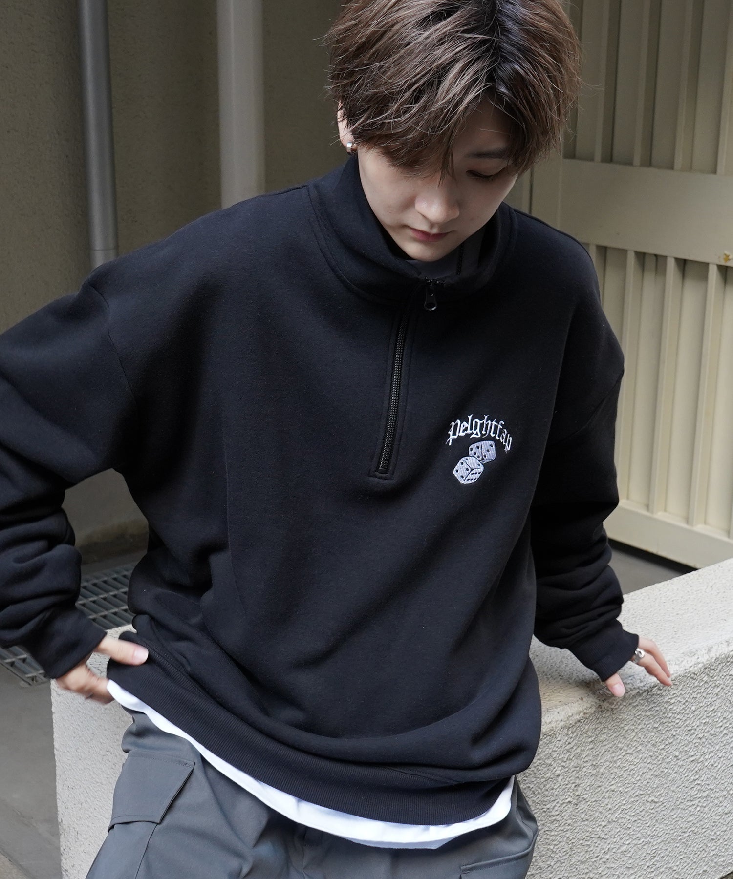 ビリヤード/ダイス ワンポイント刺繍ロゴ ビッグシルエット 裏起毛プルオーバーハーフジップスウェット