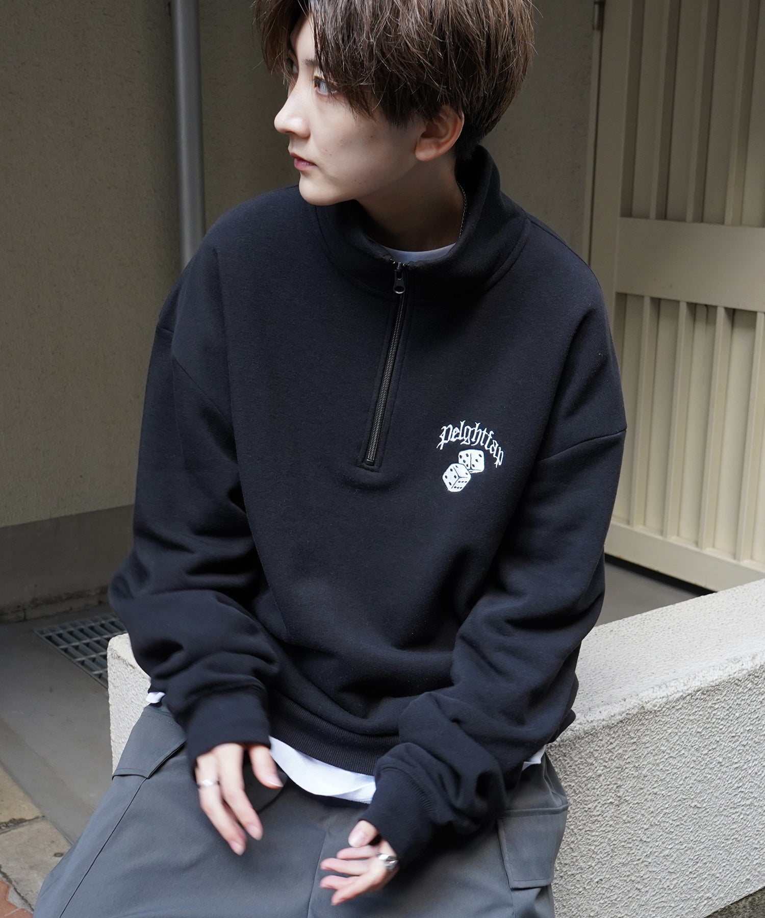 ビリヤード/ダイス ワンポイント刺繍ロゴ ビッグシルエット 裏起毛プルオーバーハーフジップスウェット