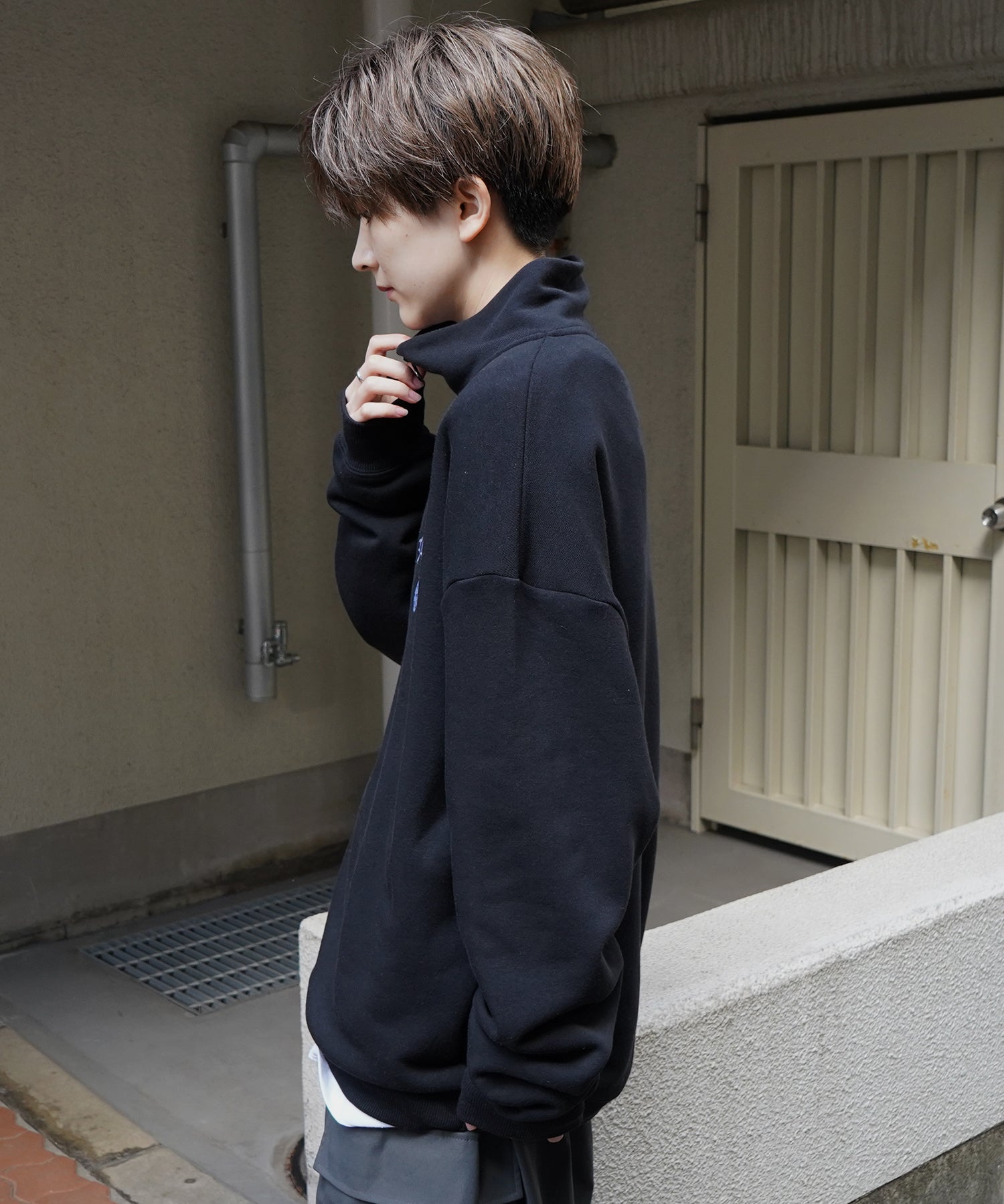 ビリヤード/ダイス ワンポイント刺繍ロゴ ビッグシルエット 裏起毛プルオーバーハーフジップスウェット