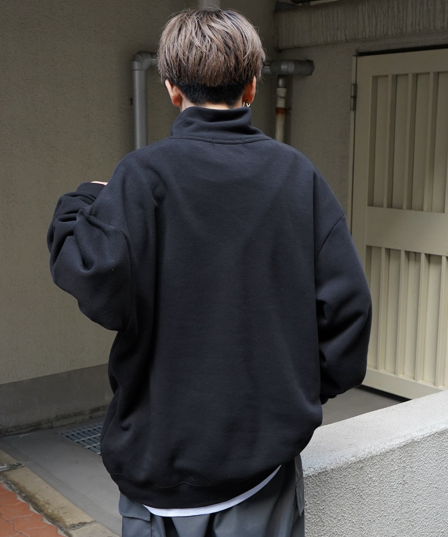 ビリヤード/ダイス ワンポイント刺繍ロゴ ビッグシルエット 裏起毛プルオーバーハーフジップスウェット