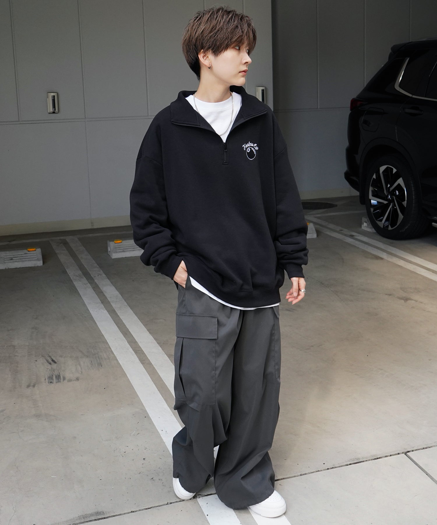 ビリヤード/ダイス ワンポイント刺繍ロゴ ビッグシルエット 裏起毛プルオーバーハーフジップスウェット